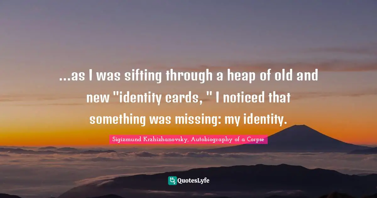 ...as I was sifting through a heap of old and new "identity cards, " I noticed that something was missing: my identity.