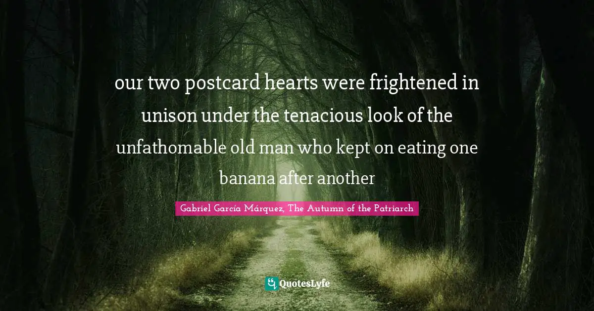 Gabriel García Márquez Quotes: "our two postcard hearts were frightened in unison under the tenacious look of the unfathomable old man who kept on eating one banana after another"