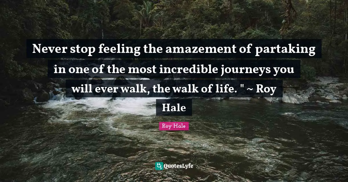 Never stop feeling the amazement of partaking in one of the most incredible journeys you will ever walk, the walk of life. " ~ Roy Hale