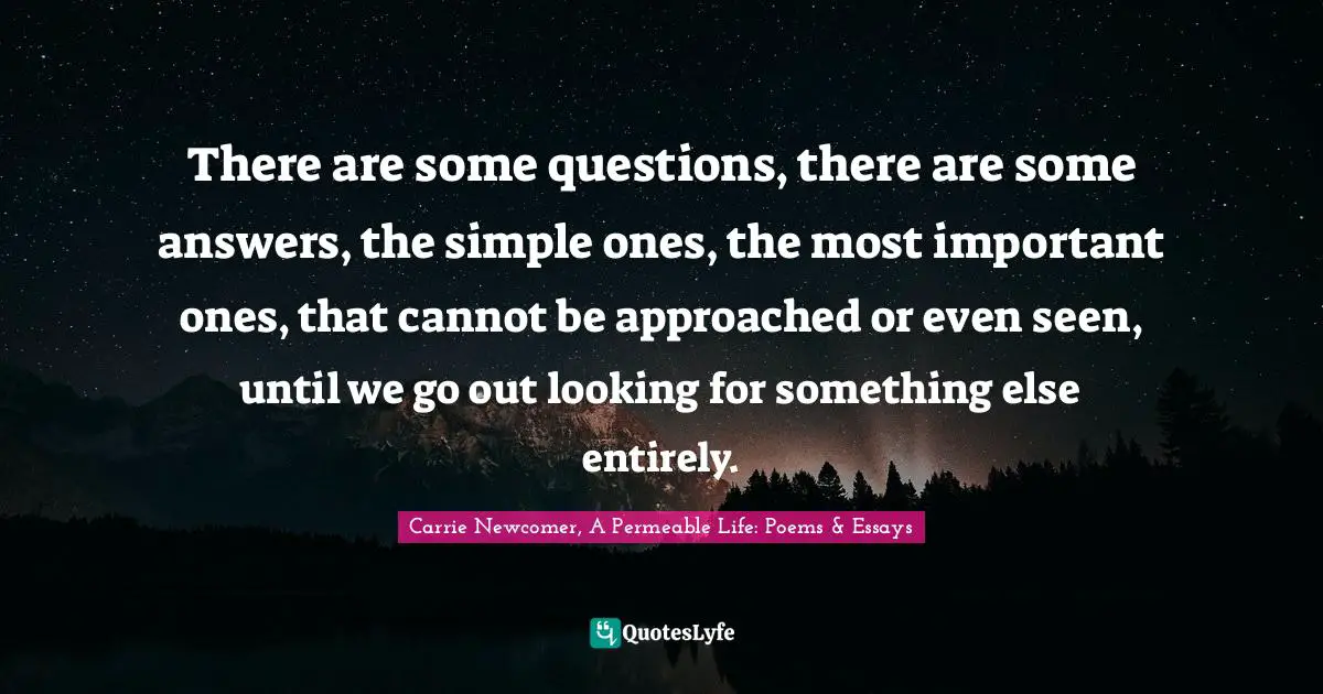 There are some questions, there are some answers, the simple ones, the most important ones, that cannot be approached or even seen, until we go out looking for something else entirely.