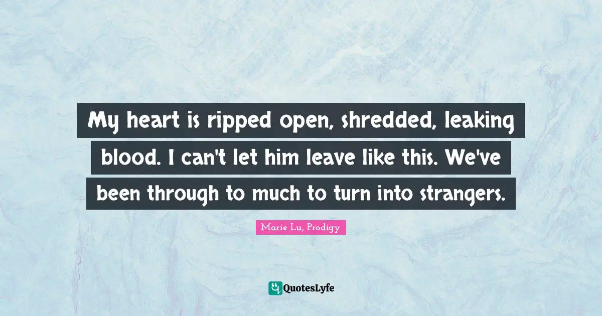 My heart is ripped open, shredded, leaking blood. I can't let him leave like this. We've been through to much to turn into strangers.