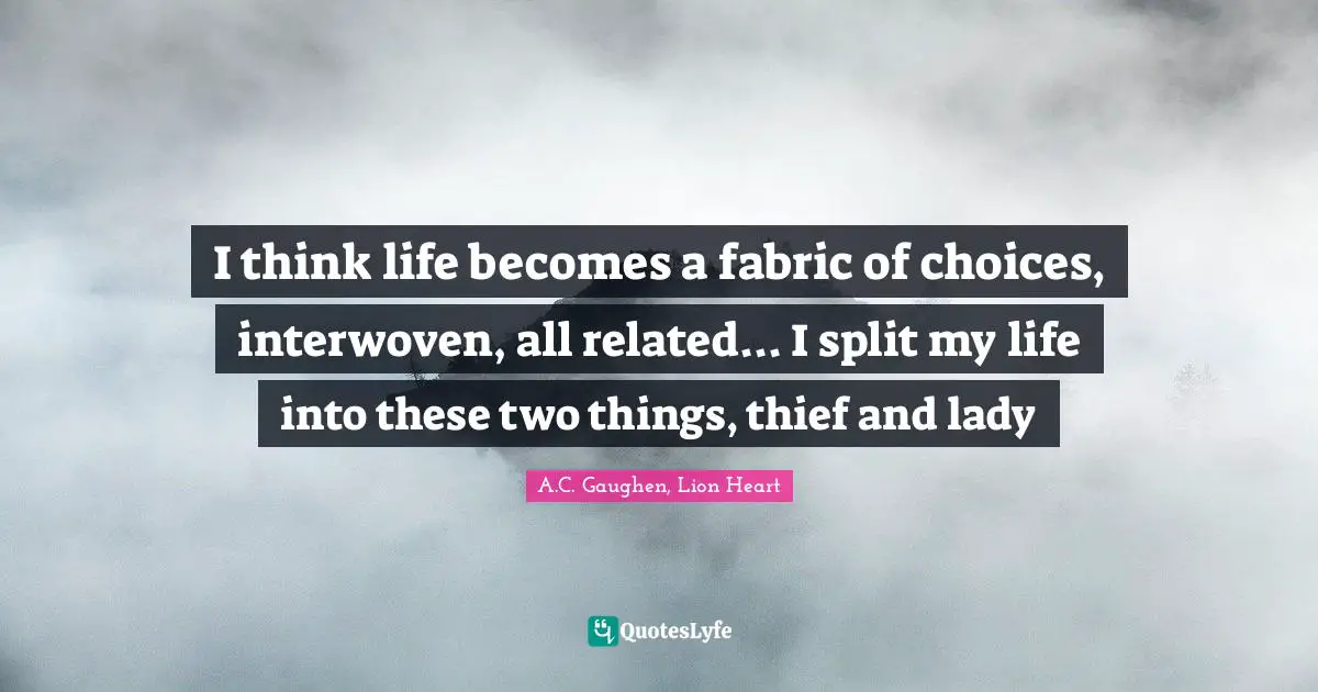 I think life becomes a fabric of choices, interwoven, all related... I split my life into these two things, thief and lady