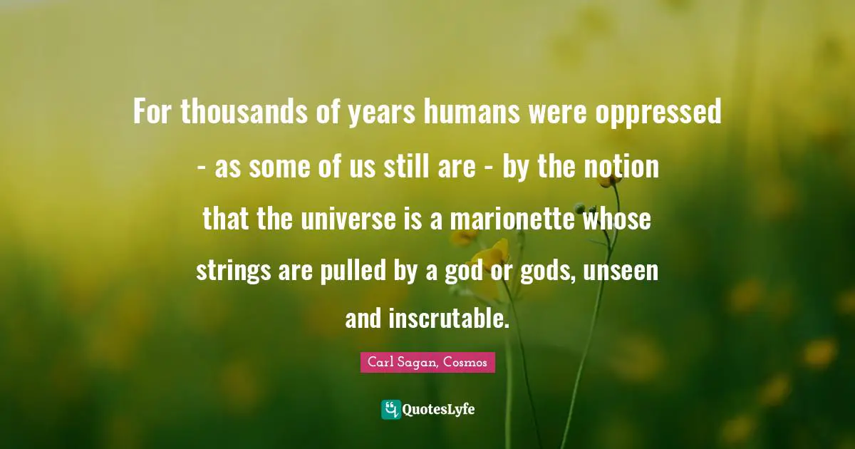 For thousands of years humans were oppressed - as some of us still are - by the notion that the universe is a marionette whose strings are pulled by a god or gods, unseen and inscrutable.