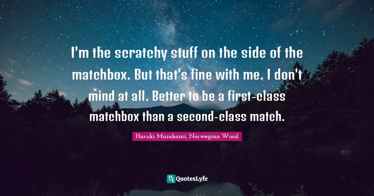 I'm the scratchy stuff on the side of the matchbox. But that's fine with me. I don't mind at all. Better to be a first-class matchbox than a second-class match.