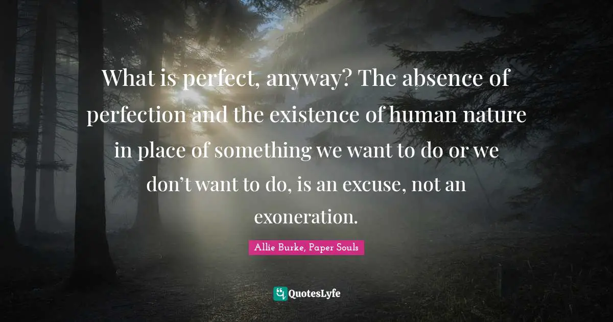 Allie Burke, Paper Souls Quotes: What is perfect, anyway? The absence of perfection and the existence of human nature in place of something we want to do or we don’t want to do, is an excuse, not an exoneration.