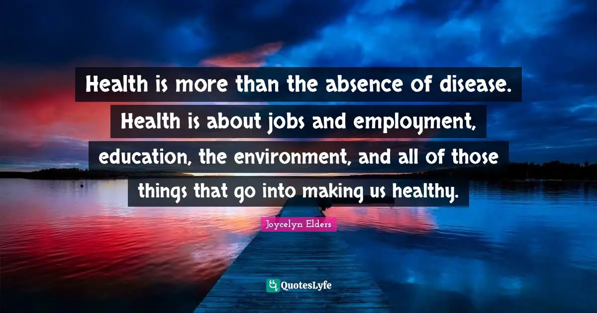 Health is more than the absence of disease. Health is about jobs and employment, education, the environment, and all of those things that go into making us healthy.