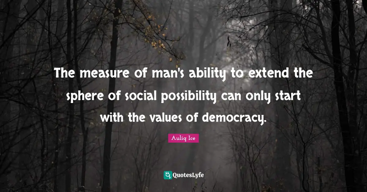 The measure of man's ability to extend the sphere of social possibility can only start with the values of democracy.