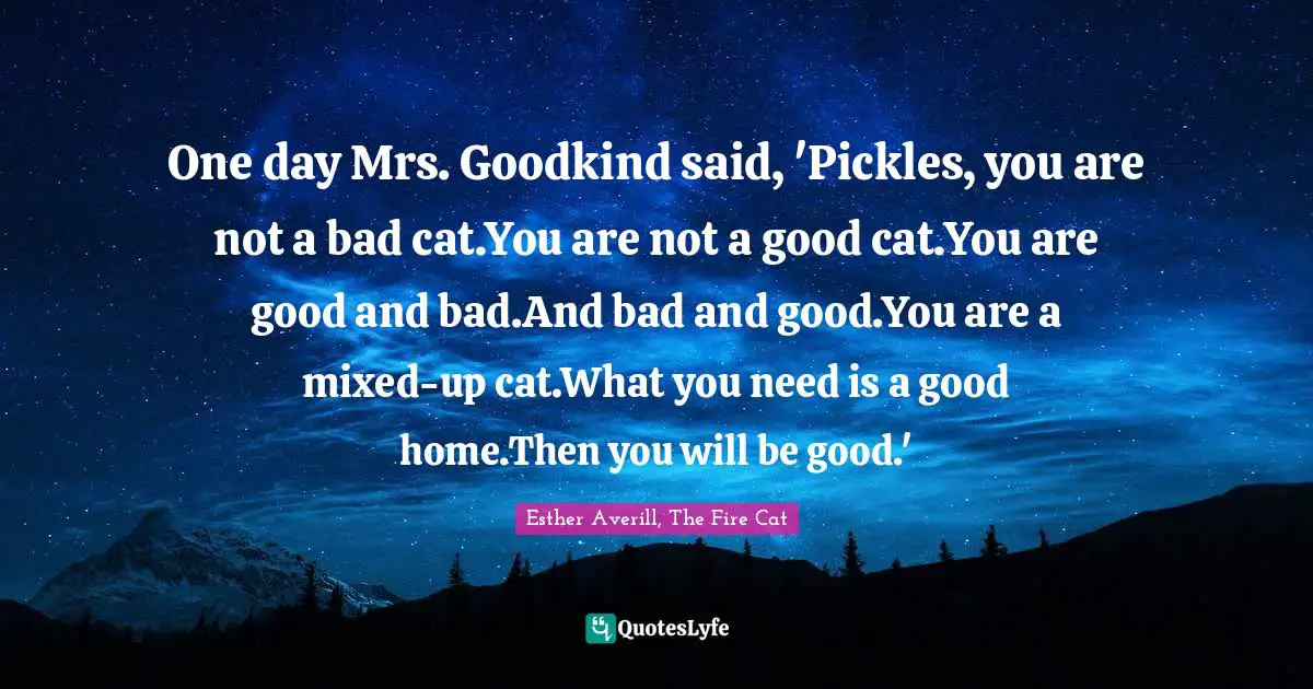 One day Mrs. Goodkind said, 'Pickles, you are not a bad cat.You are not a good cat.You are good and bad.And bad and good.You are a mixed-up cat.What you need is a good home.Then you will be good.'