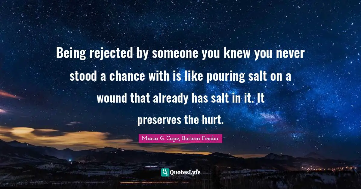 Being rejected by someone you knew you never stood a chance with is like pouring salt on a wound that already has salt in it. It preserves the hurt.