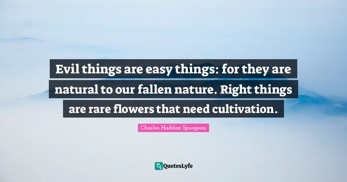 Charles Haddon Spurgeon Quotes: "Evil things are easy things: for they are natural to our fallen nature. Right things are rare flowers that need cultivation."