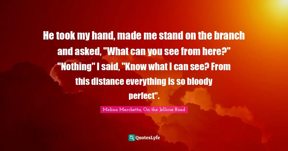 He took my hand, made me stand on the branch and asked, "What can you see from here?" "Nothing" I said, "Know what I can see? From this distance everything is so bloody perfect".