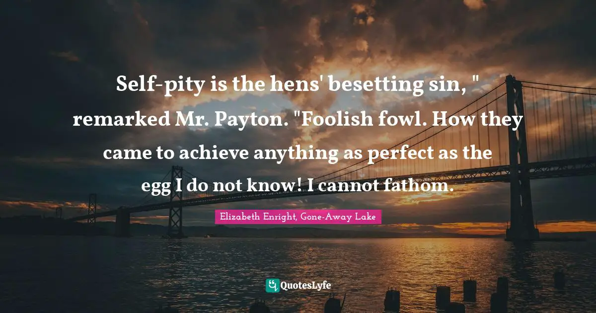 Self-pity is the hens' besetting sin, " remarked Mr. Payton. "Foolish fowl. How they came to achieve anything as perfect as the egg I do not know! I cannot fathom.
