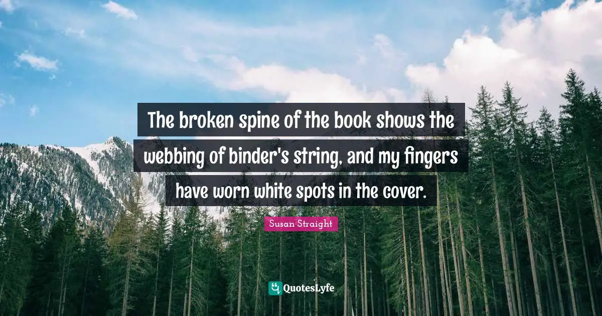 Susan Straight Quotes: "The broken spine of the book shows the webbing of binder's string, and my fingers have worn white spots in the cover."
