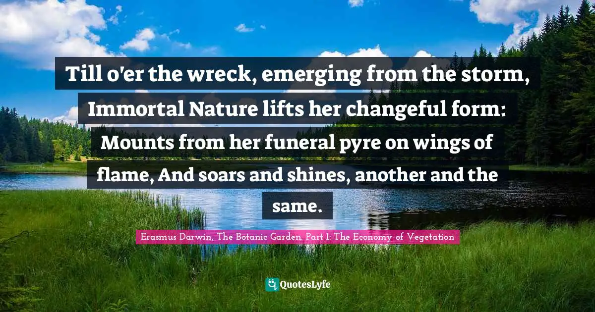 Till o'er the wreck, emerging from the storm, Immortal Nature lifts her changeful form: Mounts from her funeral pyre on wings of flame, And soars and shines, another and the same.