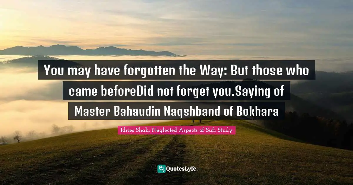 You may have forgotten the Way: But those who came beforeDid not forget you.Saying of Master Bahaudin Naqshband of Bokhara