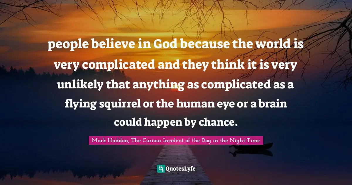 I'm Curious. Quotes: "people believe in God because the world is very complicated and they think it is very unlikely that anything as complicated as a flying squirrel or the human eye or a brain could happen by chance."