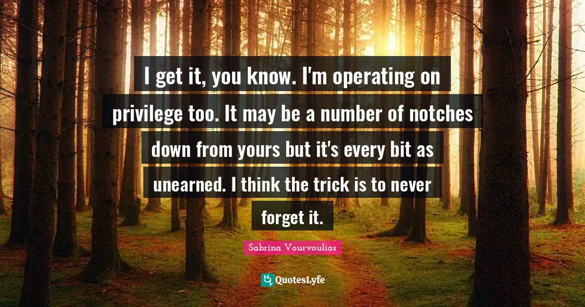 I get it, you know. I'm operating on privilege too. It may be a number of notches down from yours but it's every bit as unearned. I think the trick is to never forget it.