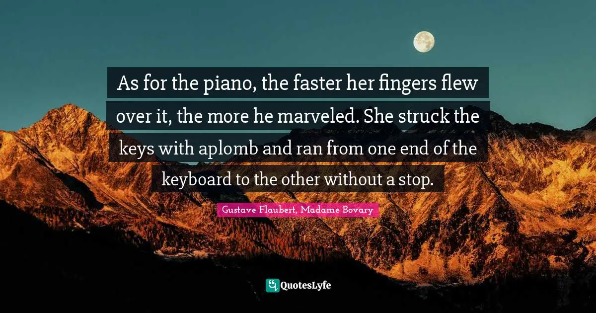 As for the piano, the faster her fingers flew over it, the more he marveled. She struck the keys with aplomb and ran from one end of the keyboard to the other without a stop.