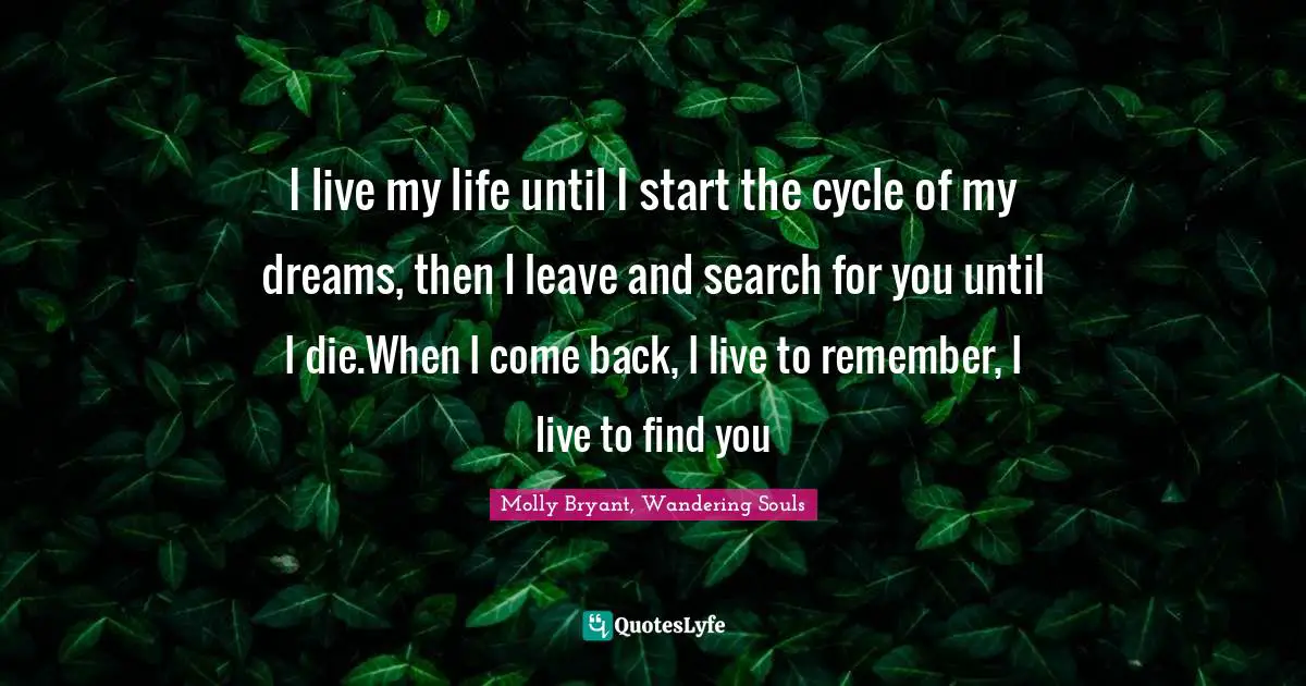 I live my life until I start the cycle of my dreams, then I leave and search for you until I die.When I come back, I live to remember, I live to find you