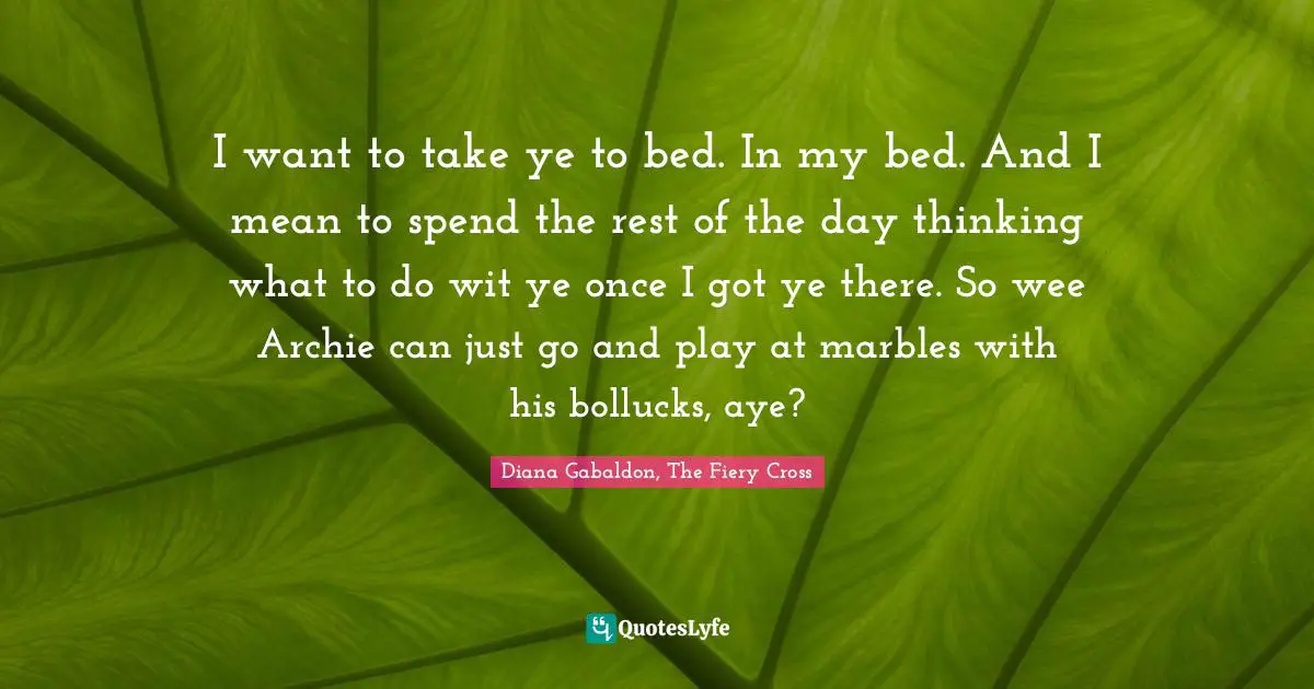 I want to take ye to bed. In my bed. And I mean to spend the rest of the day thinking what to do wit ye once I got ye there. So wee Archie can just go and play at marbles with his bollucks, aye?