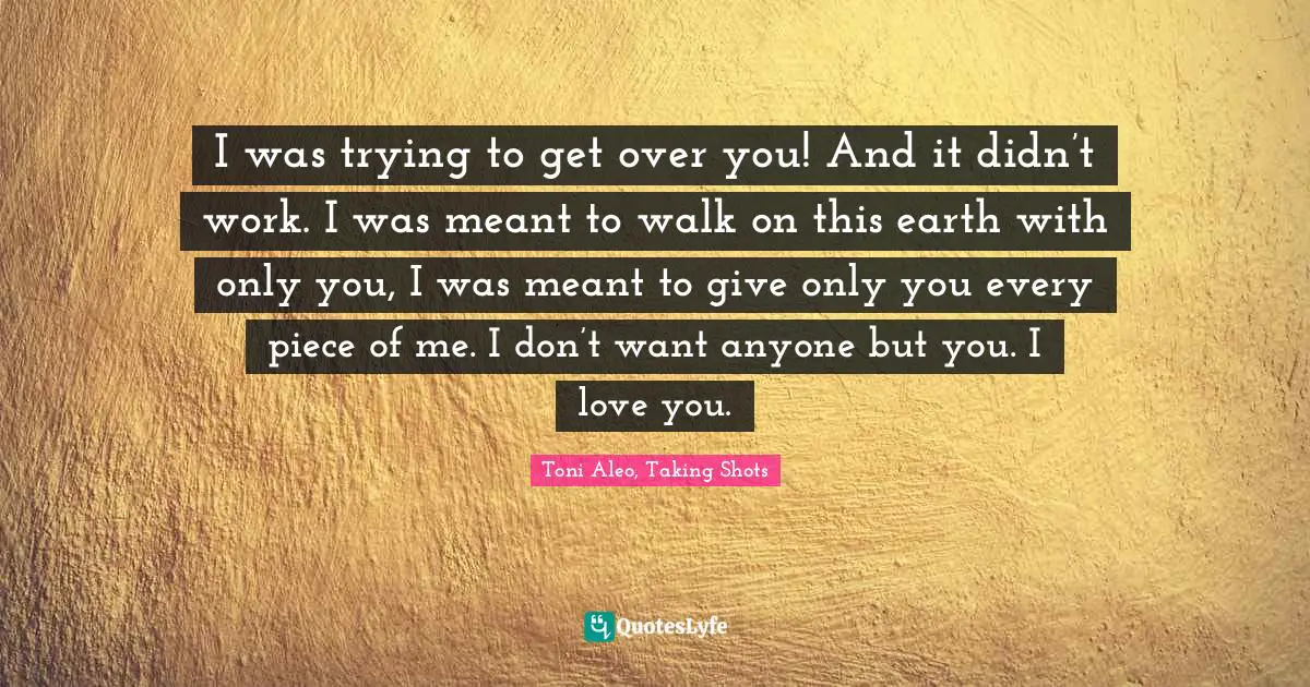 I was trying to get over you! And it didn’t work. I was meant to walk on this earth with only you, I was meant to give only you every piece of me. I don’t want anyone but you. I love you.