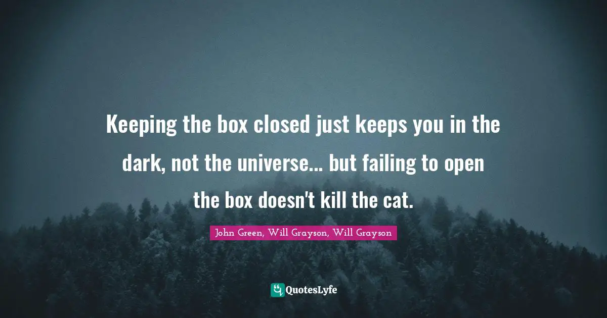 John Green, Will Grayson, Will Grayson Quotes: "Keeping the box closed just keeps you in the dark, not the universe... but failing to open the box doesn't kill the cat."