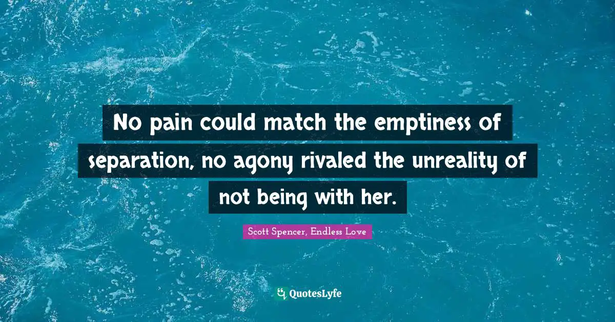 No pain could match the emptiness of separation, no agony rivaled the unreality of not being with her.