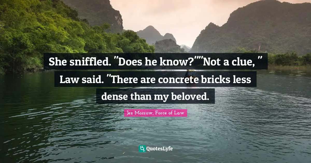 She sniffled. "Does he know?""Not a clue, " Law said. "There are concrete bricks less dense than my beloved.