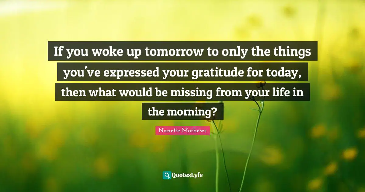 Nanette Mathews Quotes: "If you woke up tomorrow to only the things you've expressed your gratitude for today, then what would be missing from your life in the morning?"