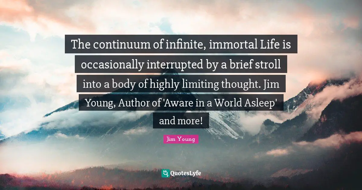 The continuum of infinite, immortal Life is occasionally interrupted by a brief stroll into a body of highly limiting thought. Jim Young, Author of 'Aware in a World Asleep' and more!