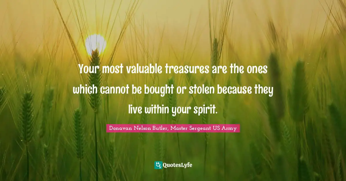 Donavan Nelson Butler, Master Sergeant US Army Quotes: "Your most valuable treasures are the ones which cannot be bought or stolen because they live within your spirit."