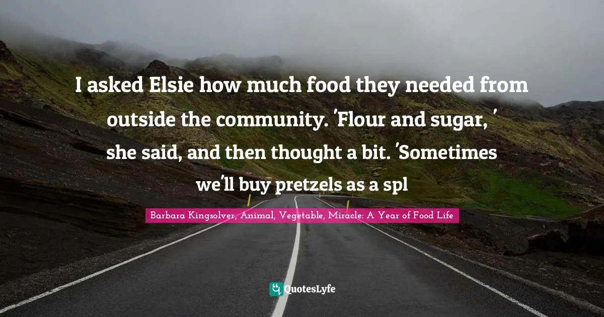 I asked Elsie how much food they needed from outside the community. 'Flour and sugar, ' she said, and then thought a bit. 'Sometimes we'll buy pretzels as a spl