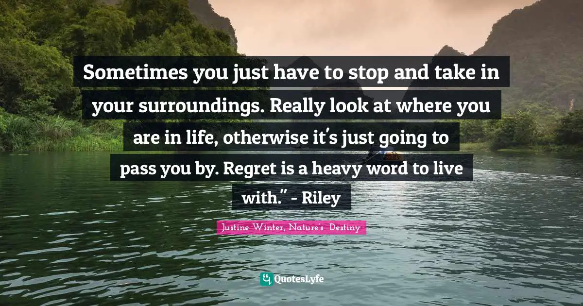 Sometimes you just have to stop and take in your surroundings. Really look at where you are in life, otherwise it's just going to pass you by. Regret is a heavy word to live with." - Riley