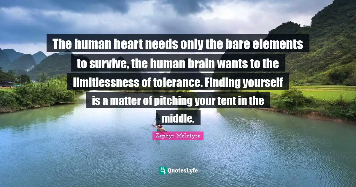 The human heart needs only the bare elements to survive, the human brain wants to the limitlessness of tolerance. Finding yourself is a matter of pitching your tent in the middle.