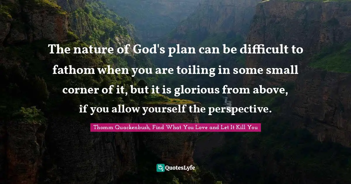 The nature of God's plan can be difficult to fathom when you are toiling in some small corner of it, but it is glorious from above, if you allow yourself the perspective.