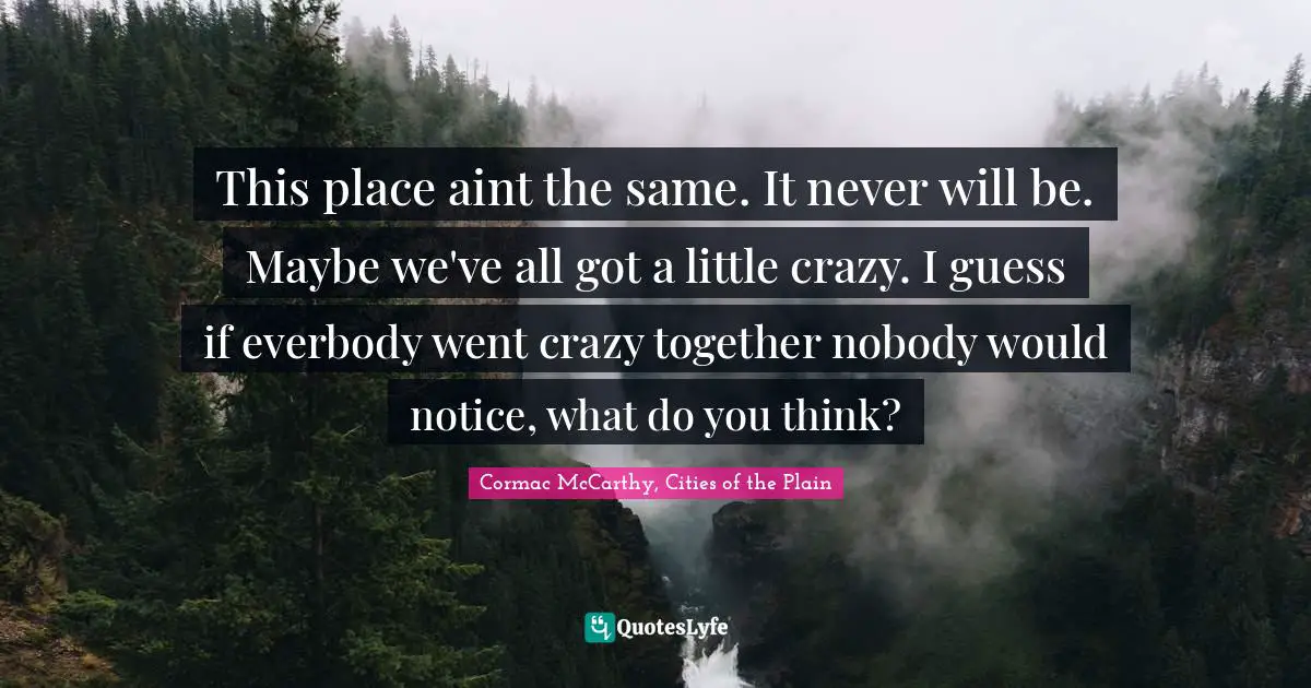 This place aint the same. It never will be. Maybe we've all got a little crazy. I guess if everbody went crazy together nobody would notice, what do you think?