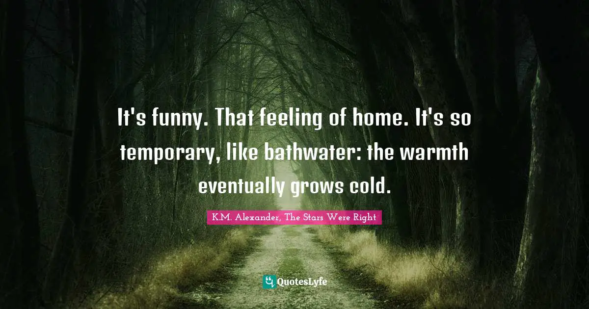 It's funny. That feeling of home. It's so temporary, like bathwater: the warmth eventually grows cold.