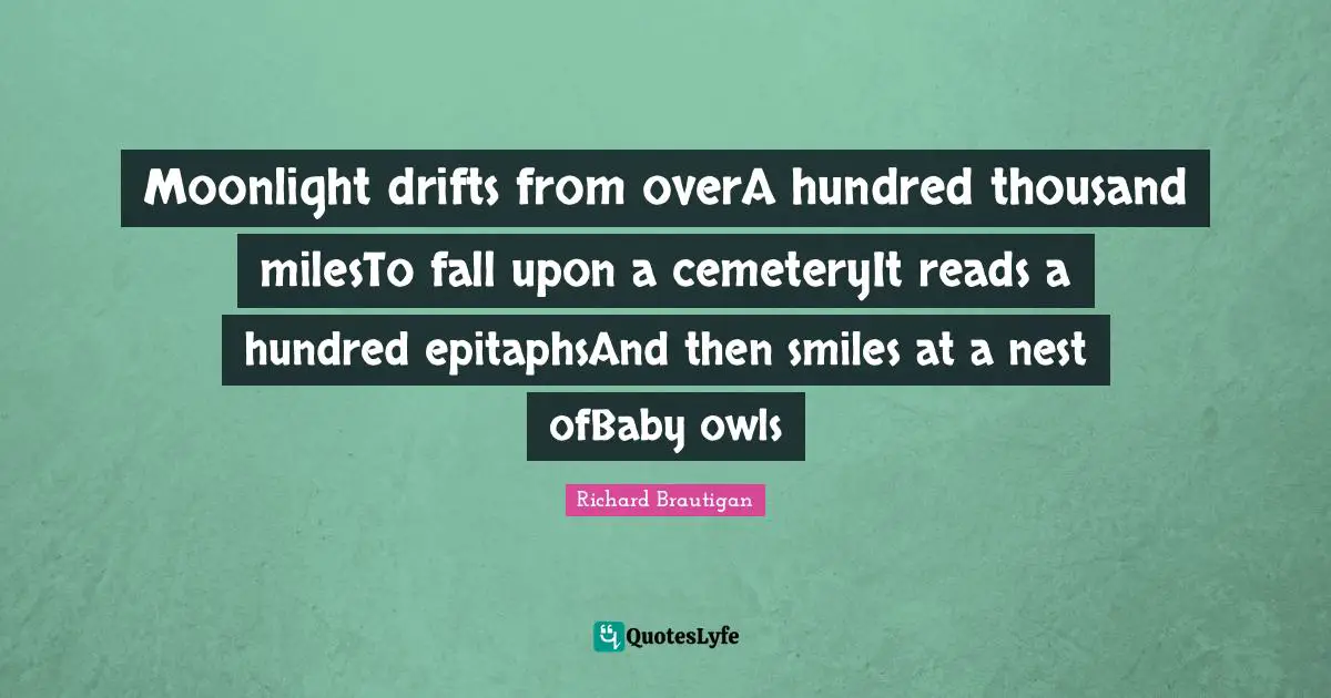 Moonlight drifts from overA hundred thousand milesTo fall upon a cemeteryIt reads a hundred epitaphsAnd then smiles at a nest ofBaby owls