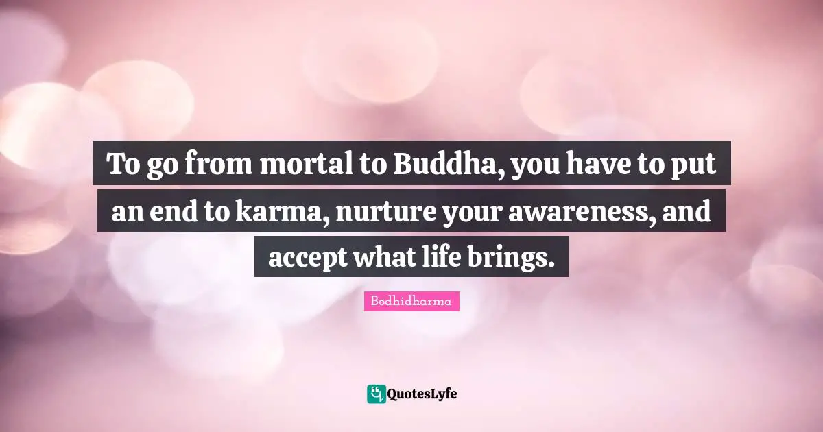 Bodhidharma Quotes: "To go from mortal to Buddha, you have to put an end to karma, nurture your awareness, and accept what life brings."