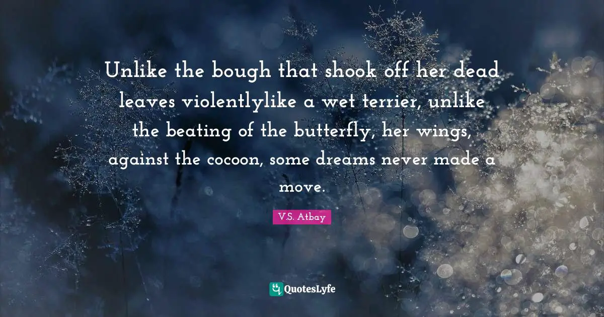 Unlike the bough that shook off her dead leaves violentlylike a wet terrier, unlike the beating of the butterfly, her wings, against the cocoon, some dreams never made a move.