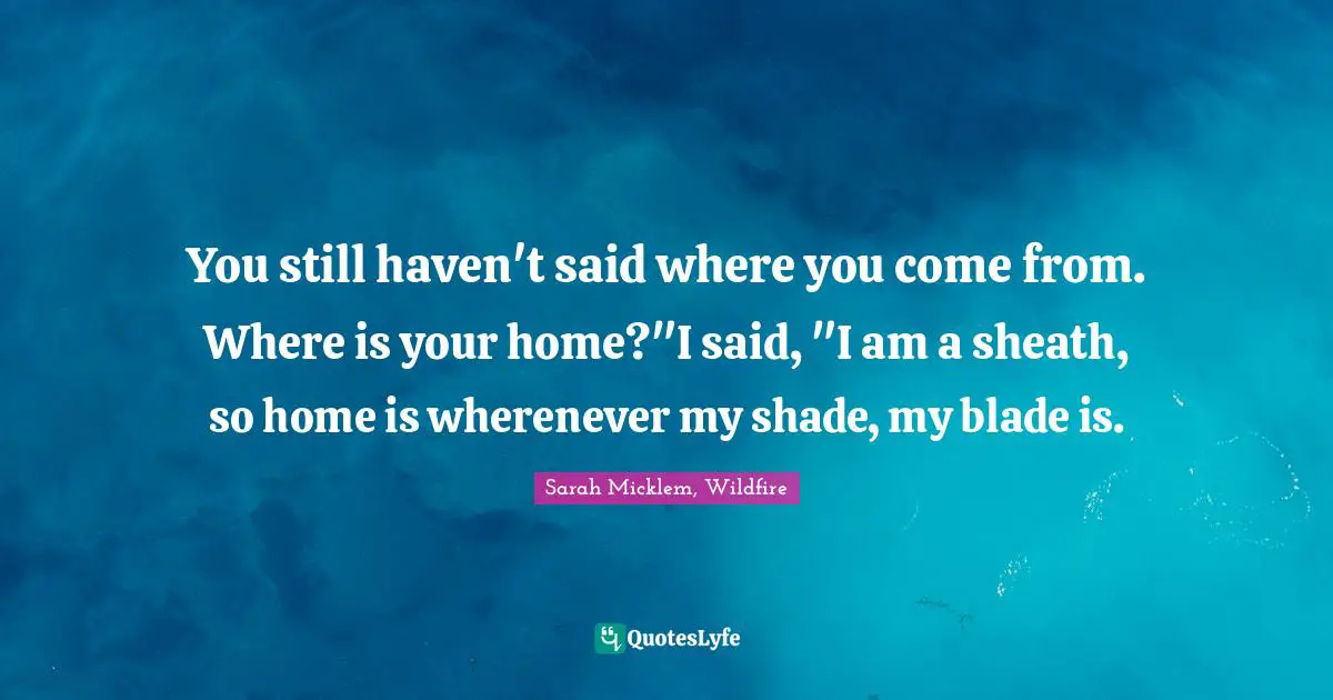 You still haven't said where you come from. Where is your home?"I said, "I am a sheath, so home is wherenever my shade, my blade is.