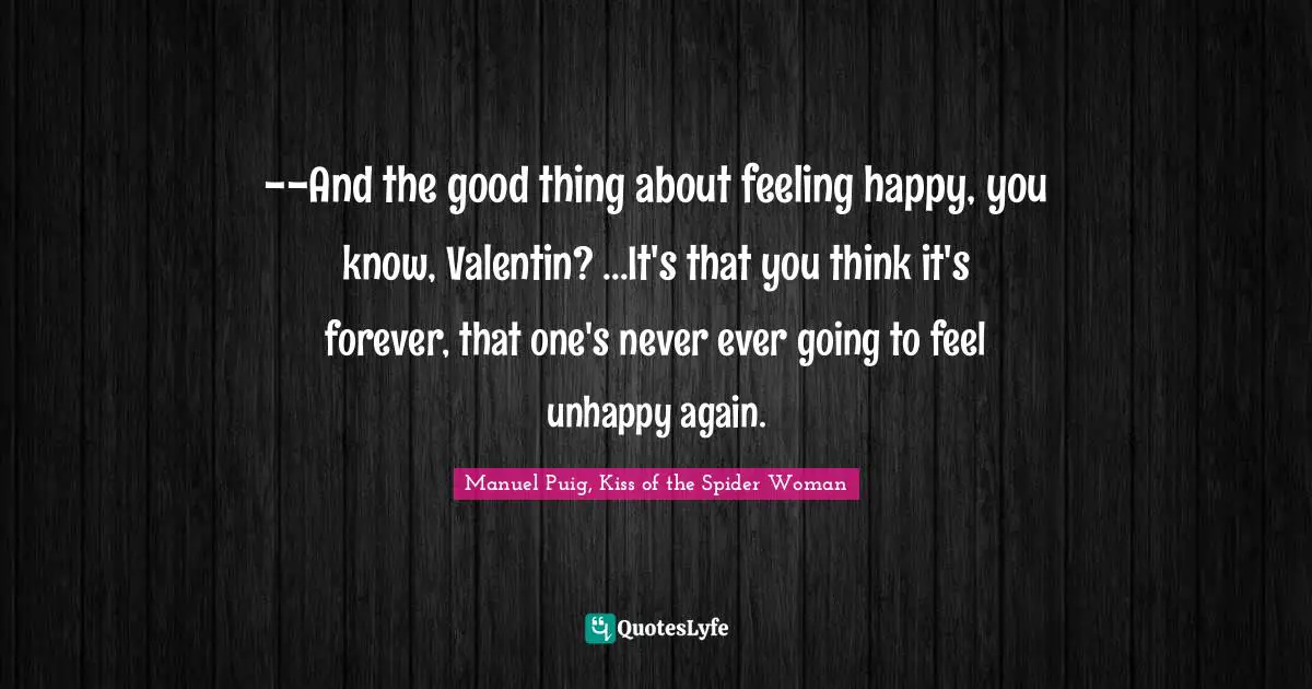 --And the good thing about feeling happy, you know, Valentin? ...It's that you think it's forever, that one's never ever going to feel unhappy again.