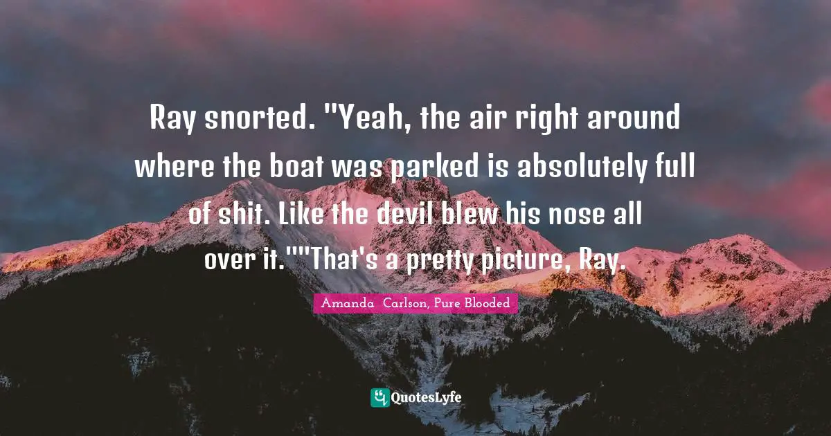 Ray snorted. "Yeah, the air right around where the boat was parked is absolutely full of shit. Like the devil blew his nose all over it.""That's a pretty picture, Ray.