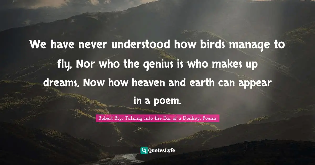 Robert Bly Quotes: "We have never understood how birds manage to fly, Nor who the genius is who makes up dreams, Now how heaven and earth can appear in a poem."