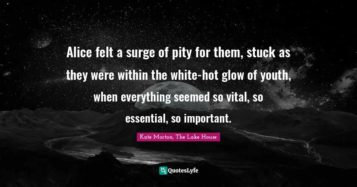 Alice felt a surge of pity for them, stuck as they were within the white-hot glow of youth, when everything seemed so vital, so essential, so important.
