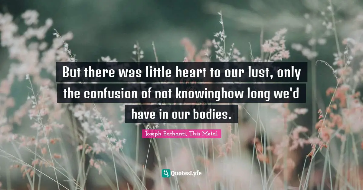 But there was little heart to our lust, only the confusion of not knowinghow long we'd have in our bodies.