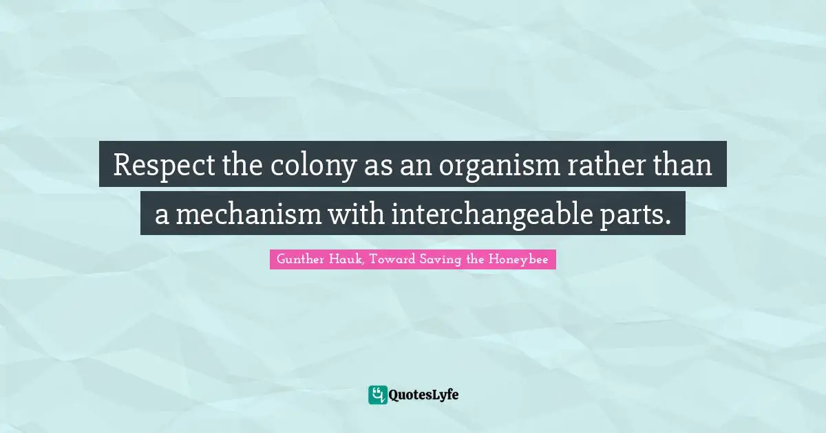 Respect the colony as an organism rather than a mechanism with interchangeable parts.