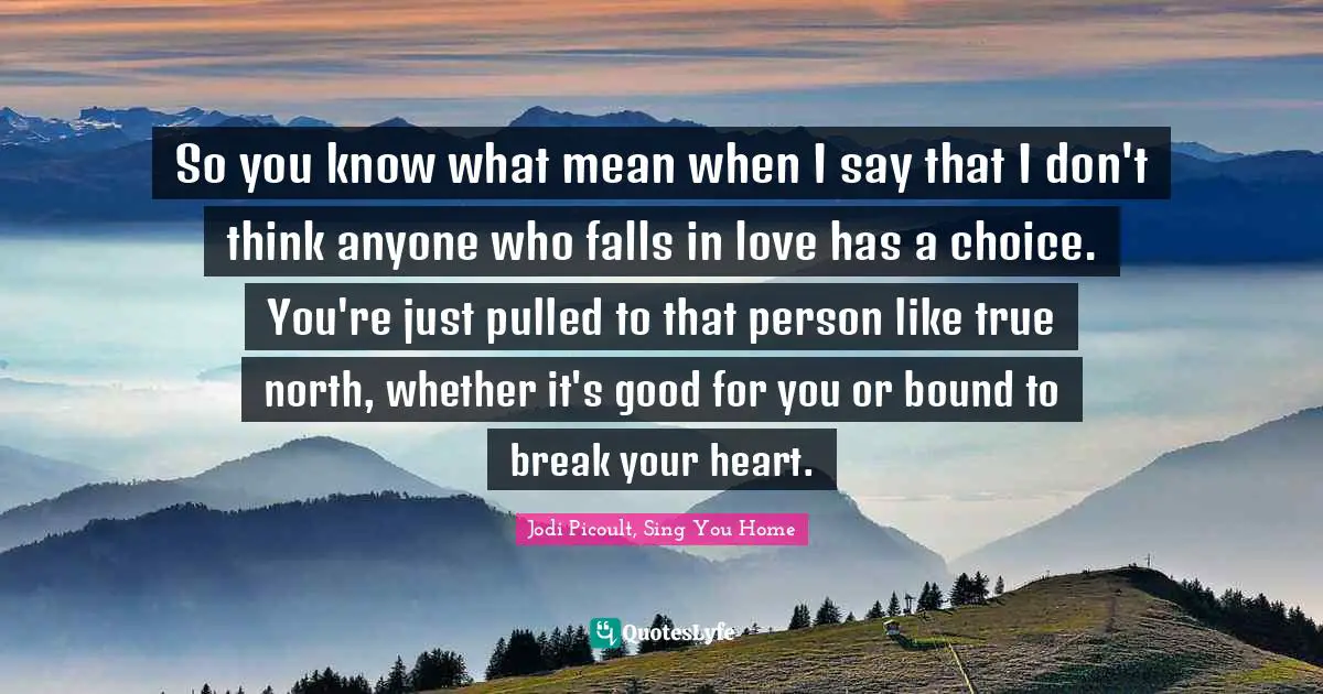 So you know what mean when I say that I don't think anyone who falls in love has a choice. You're just pulled to that person like true north, whether it's good for you or bound to break your heart.