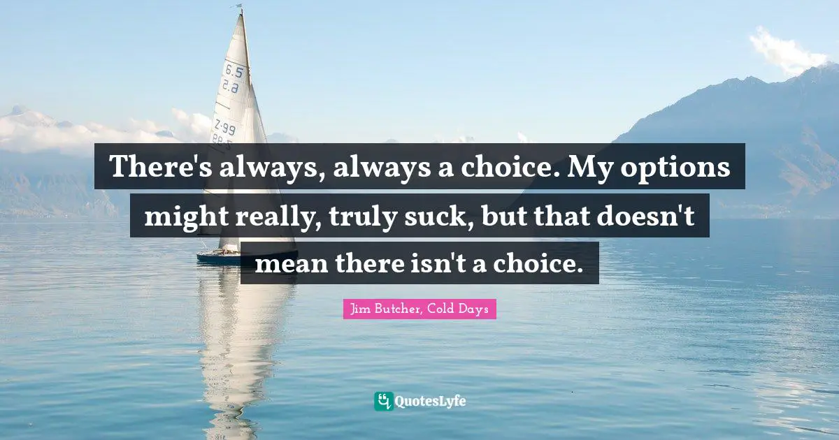 Jim Butcher, Cold Days Quotes: There's always, always a choice. My options might really, truly suck, but that doesn't mean there isn't a choice.