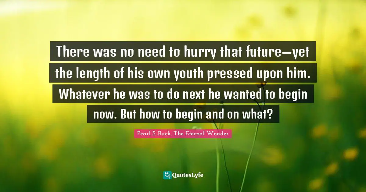 There was no need to hurry that future—yet the length of his own youth pressed upon him. Whatever he was to do next he wanted to begin now. But how to begin and on what?